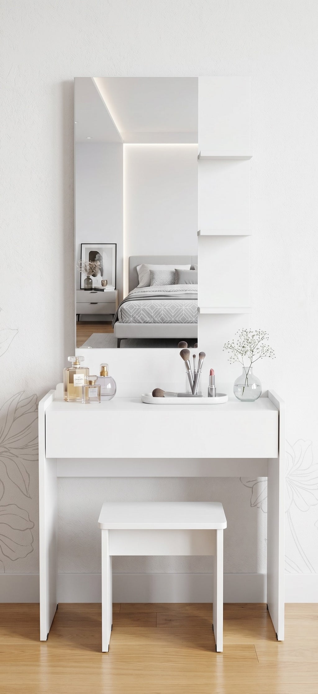 White Modern Dressing Table with Mirror & Stool