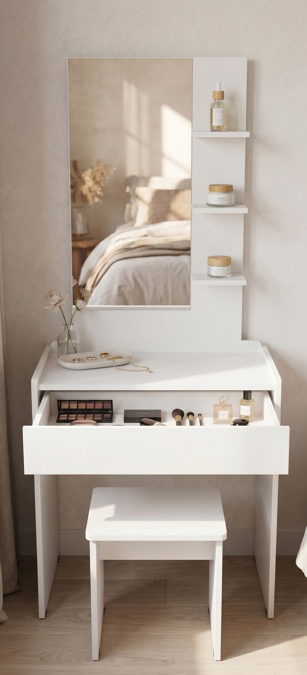 White Modern Dressing Table with Mirror & Stool