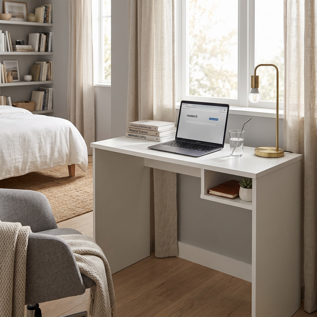White Study Desk with Open Shelf (ASSEMBLY REQUIRED)